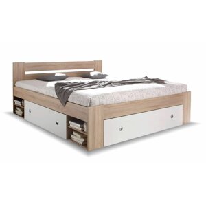 Zvýšená postel s úložným prostorem NEPOLI 160x200,  dub sonoma-bílá