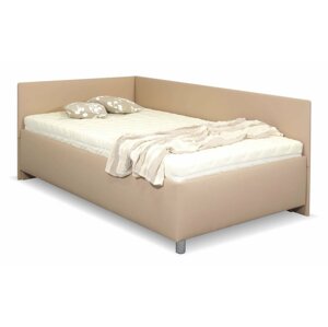 Rohová zvýšená čalouněná postel s úložným prostorem Ryana, 140x200, světle hnědá