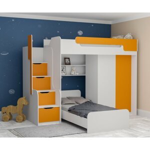Multifunkční patrová postel Dori se spodní postelí a skříní, lamino bílá/oranžová